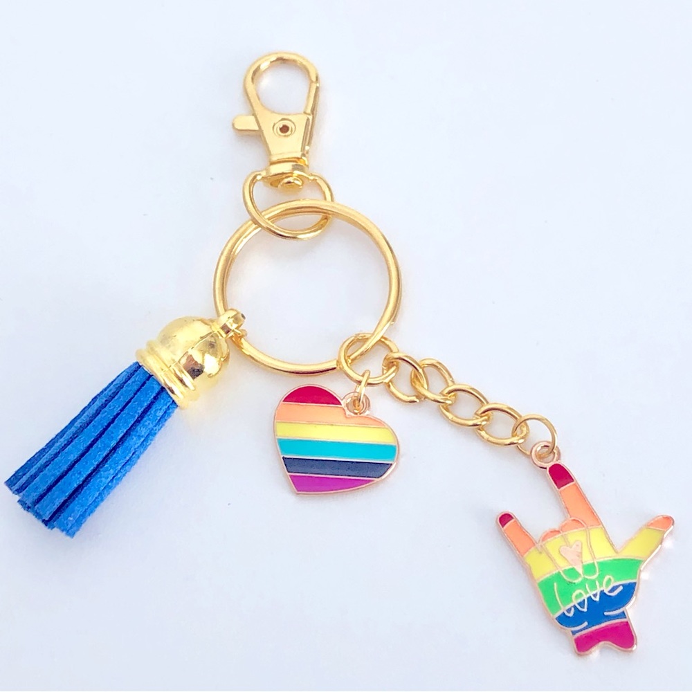 New Handmade Keychain Leather Tassel Rainbow Pride Love Heart Fun Colourful Gift